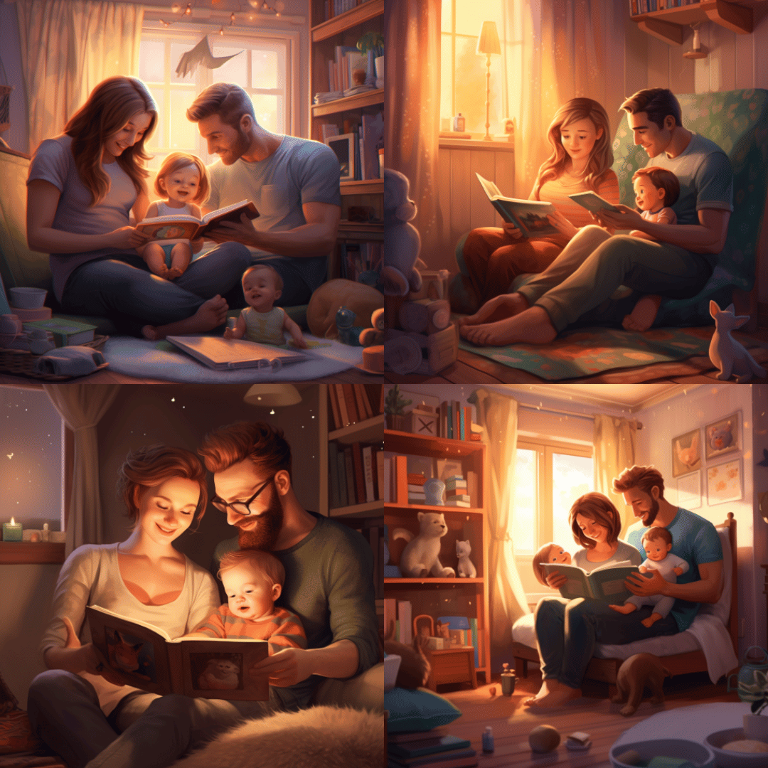 parents reading book baby