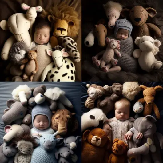 newborn with stuffed animals