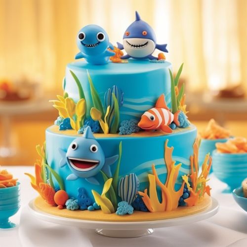Baby Shark Fondant Topper Themed Birthday Cake