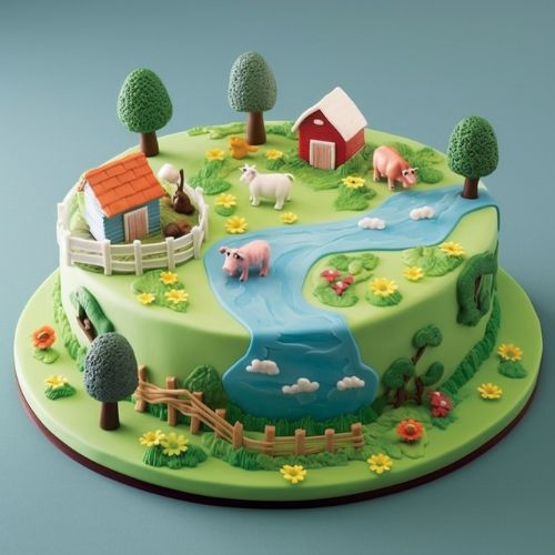 Farm Scenery Themed Birthday Cake