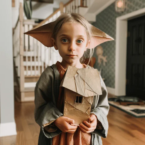 a girl wearing Dobby the House Elf costume for Harry Potter Themed party