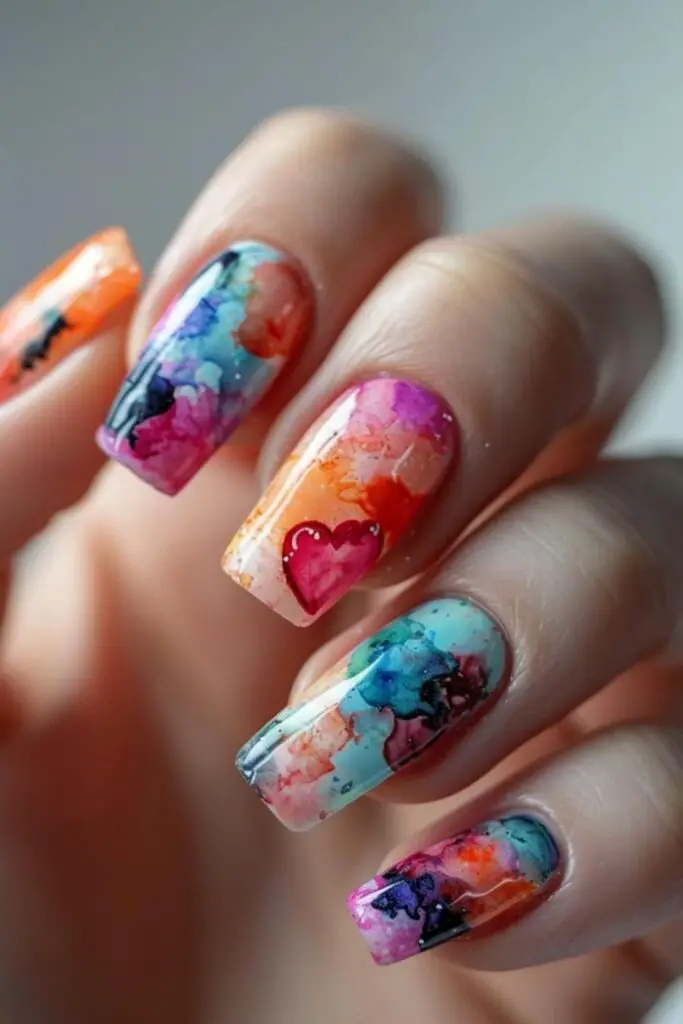 Abstract Watercolor Hearts Nails for Valentine's Day
