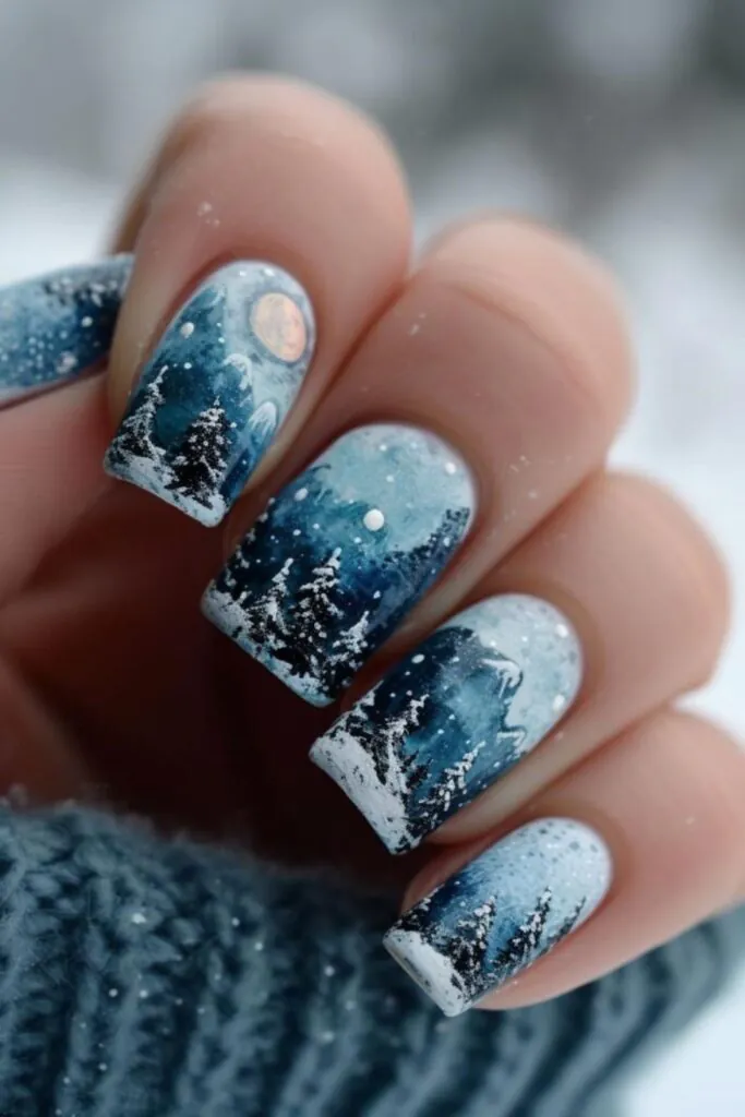 Abstract Winter Landscape Magic- Nail Design Ideas for January
