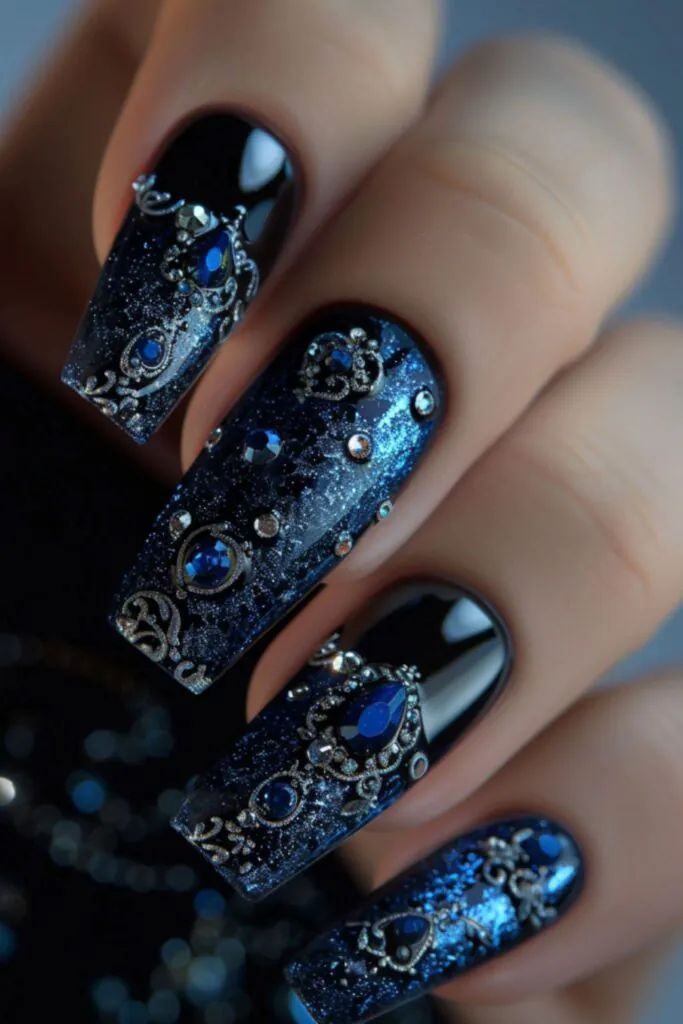 Blue Jewel-Toned Nails For Black Dress Sophistication