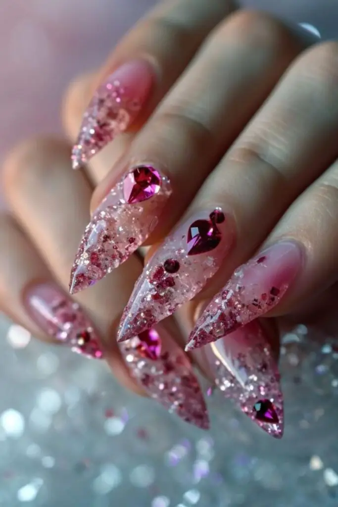 Crystalized Hearts Nails for Valentine's Day
