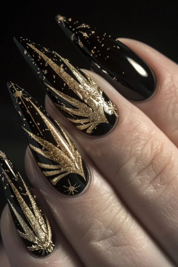 Golden Accents On Black Nails