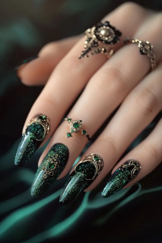 Green Jewel-Toned Nails For Black Dress Glamour