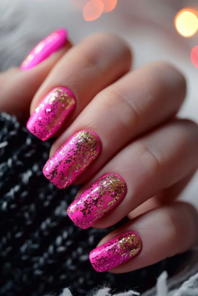 Hot Pink And Metallic Gold Elegance-Nail Designs Hot Pink