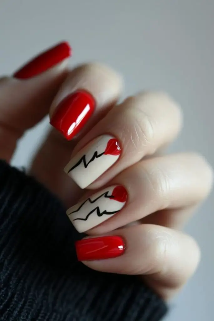 Minimalist Heartbeat Nails For Valentine's Day