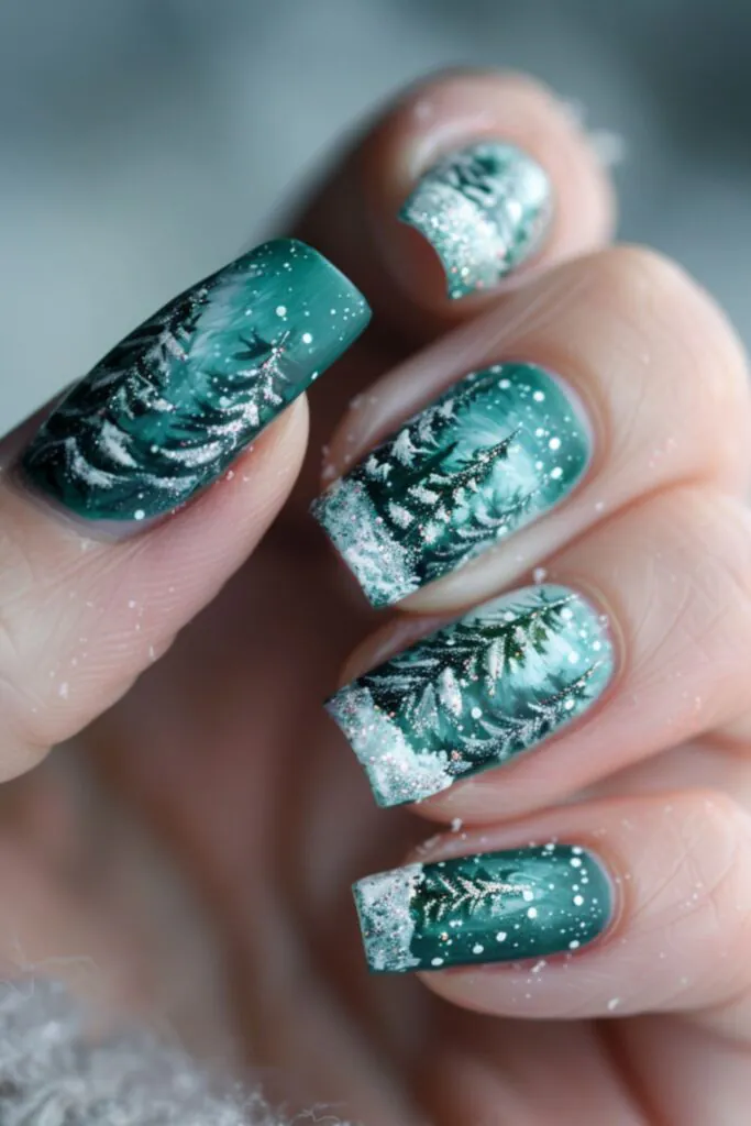 Snow-Covered Pine Trees-Nail Art For Winter