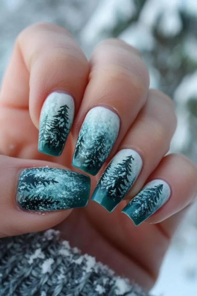 Snowy Evergreen Forest Serenity- Nail Design Ideas for January