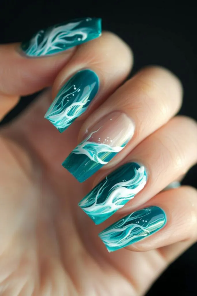 Aquatic Teal Waves-Nail Designs For A Green Dress