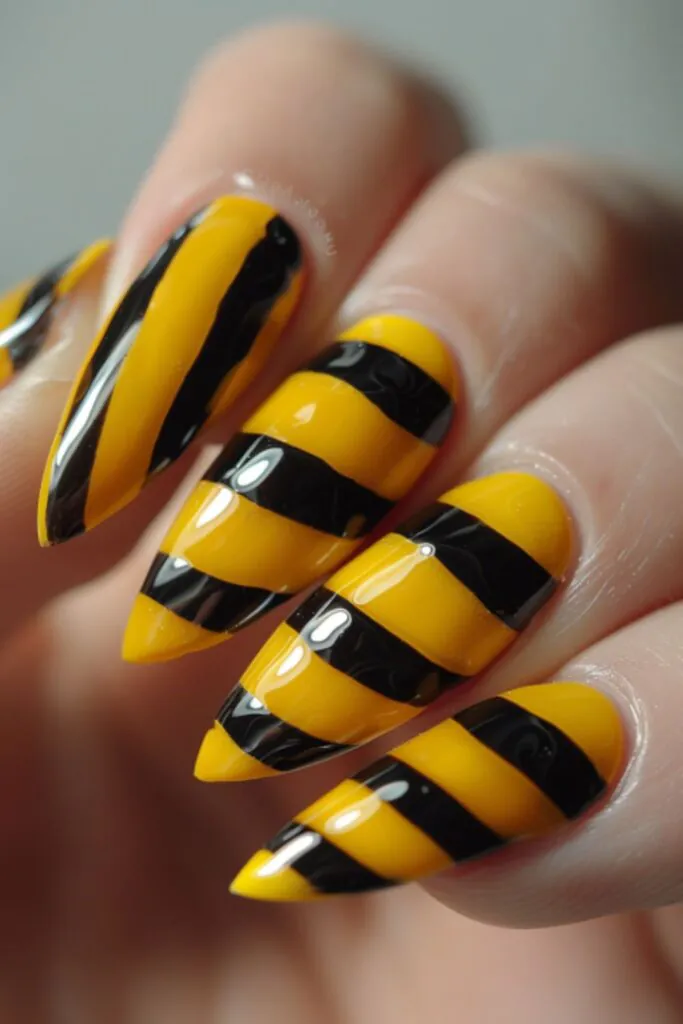 Bee-Inspired Black And Yellow Stripes-Nail Designs For A Yellow Dress