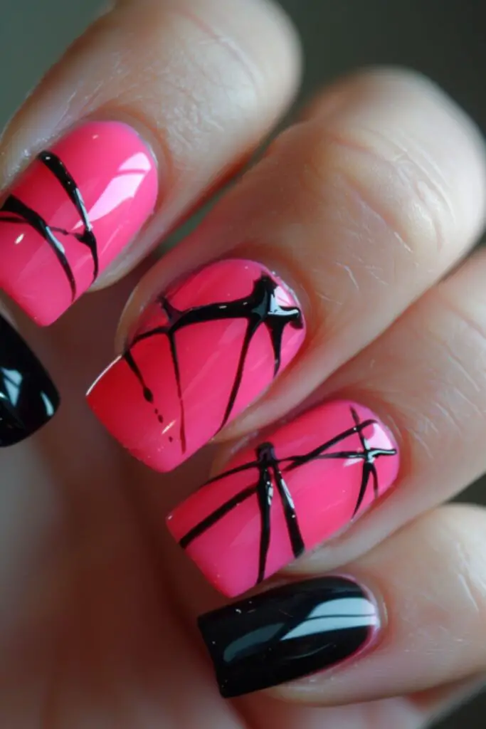 Black And Pink Contrast-Nail Designs For A Pink Dress