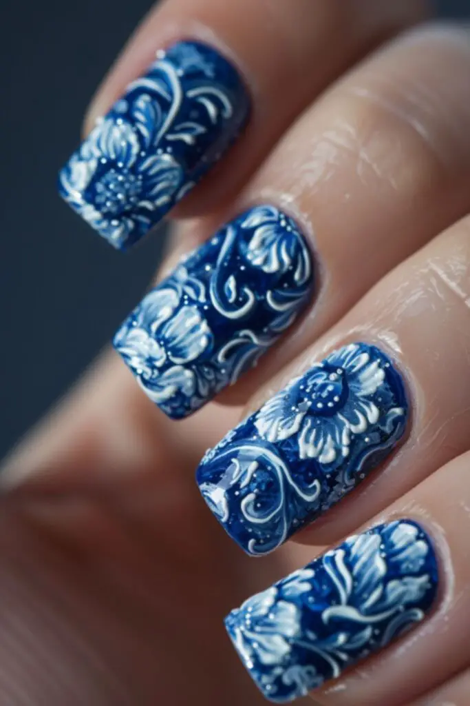 Blue And White Porcelain Pattern-Nail Designs For A Royal Blue Dress
