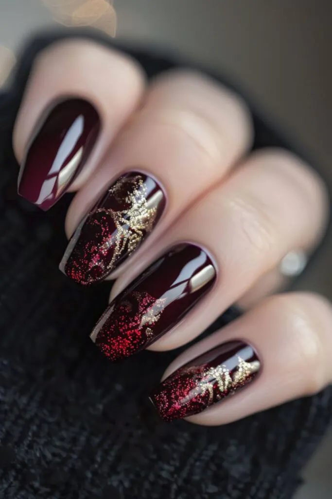 Deep Maroon With Gold Foil-Nail Designs For A Maroon Dress
