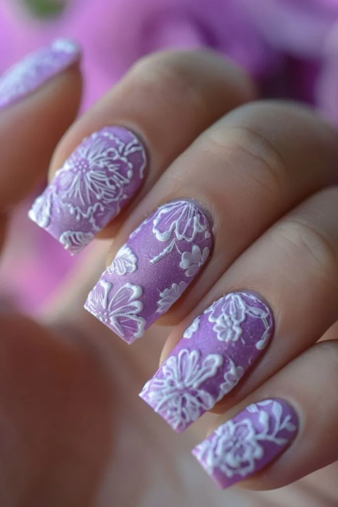 Floral Lace Overlay-Nail Designs For A Purple Dress