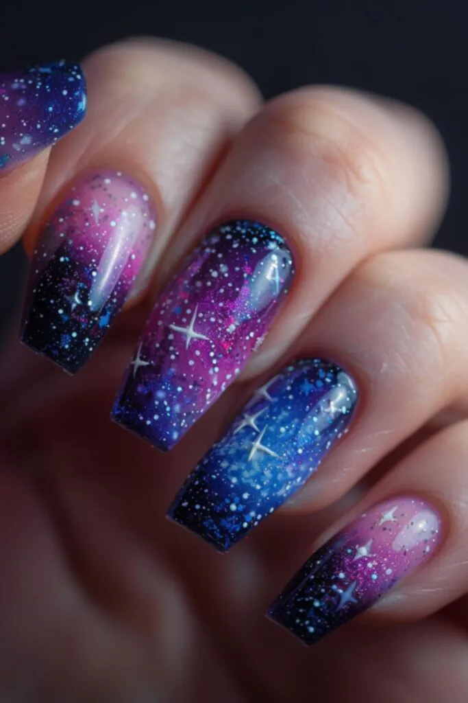Galaxy-Inspired Art-Nail Designs For A Purple Dress
