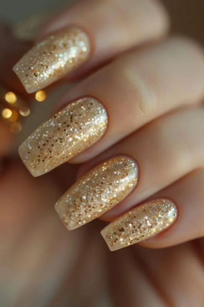 Golden Shimmer Overlay-Nail Designs For A Yellow Dress