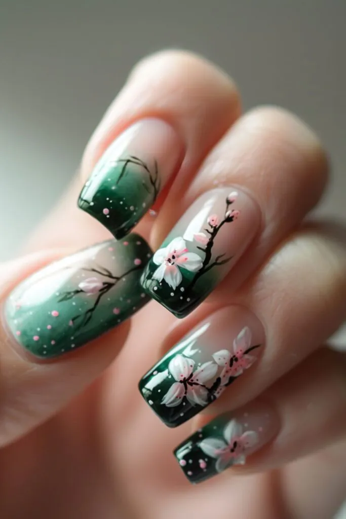 Green Ombre With Floral Accents-Nail Designs For A Green Dress