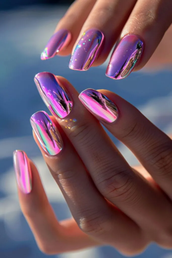 Holographic Shine-Nail Designs For A Pink Dress