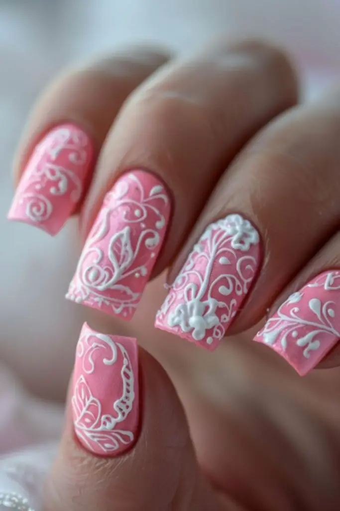 Lace Patterns-Nail Designs For A Pink Dress