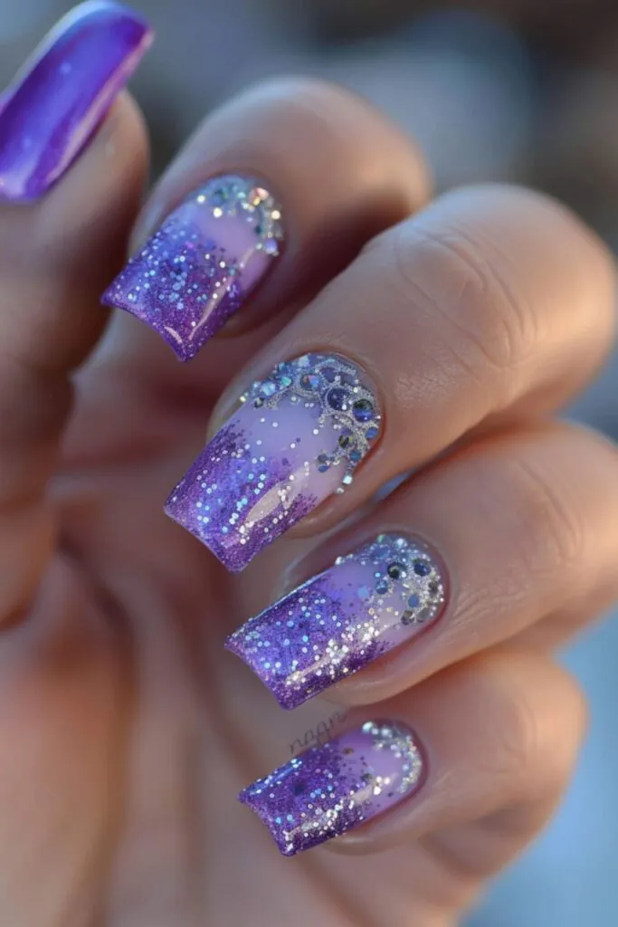 Lavender And Silver Glitter-Nail Designs For A Purple Dress