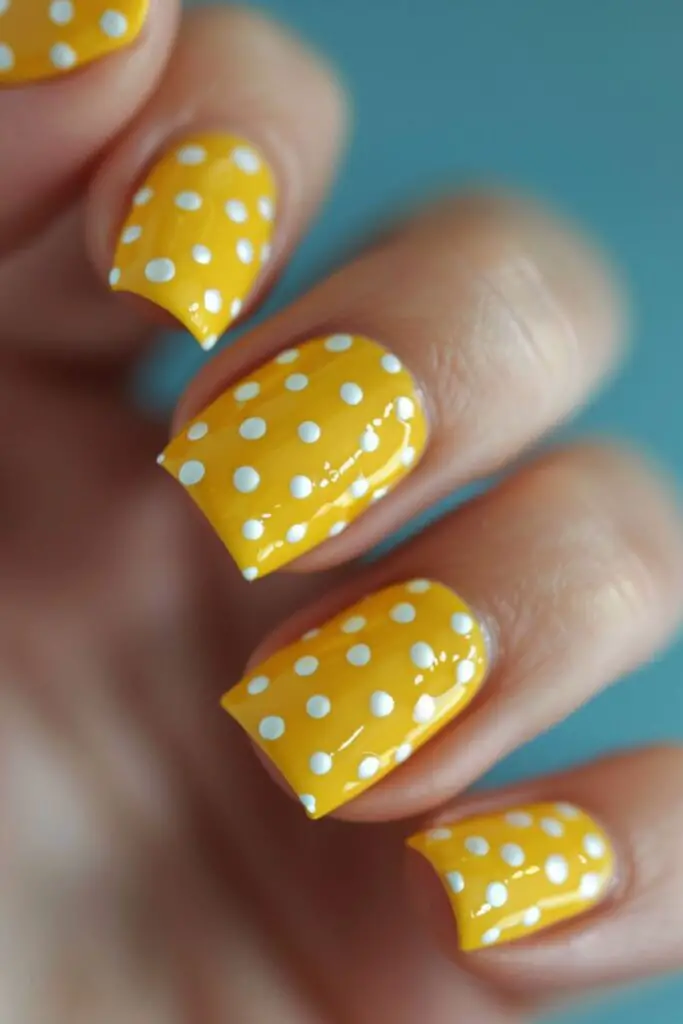 Lemon Yellow And White Polka Dots-Nail Designs For A Yellow Dress
