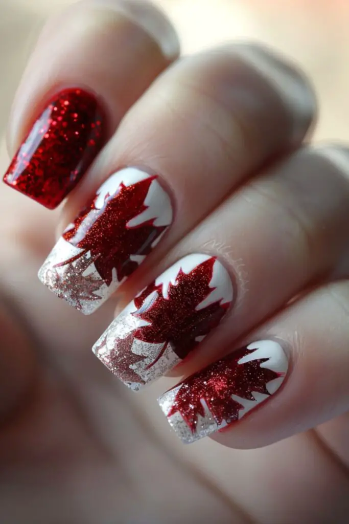 Maple Leaf Glitter-Nail Designs For Canada Day