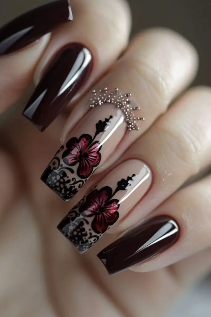 Maroon And Cream Lace Design-Nail Designs For A Maroon Dress