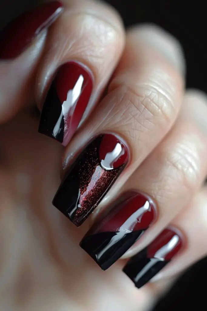 Maroon And Nude Chevron-Nail Designs For A Maroon Dress