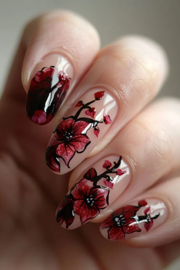 Maroon Floral Accents-Nail Designs For A Maroon Dress
