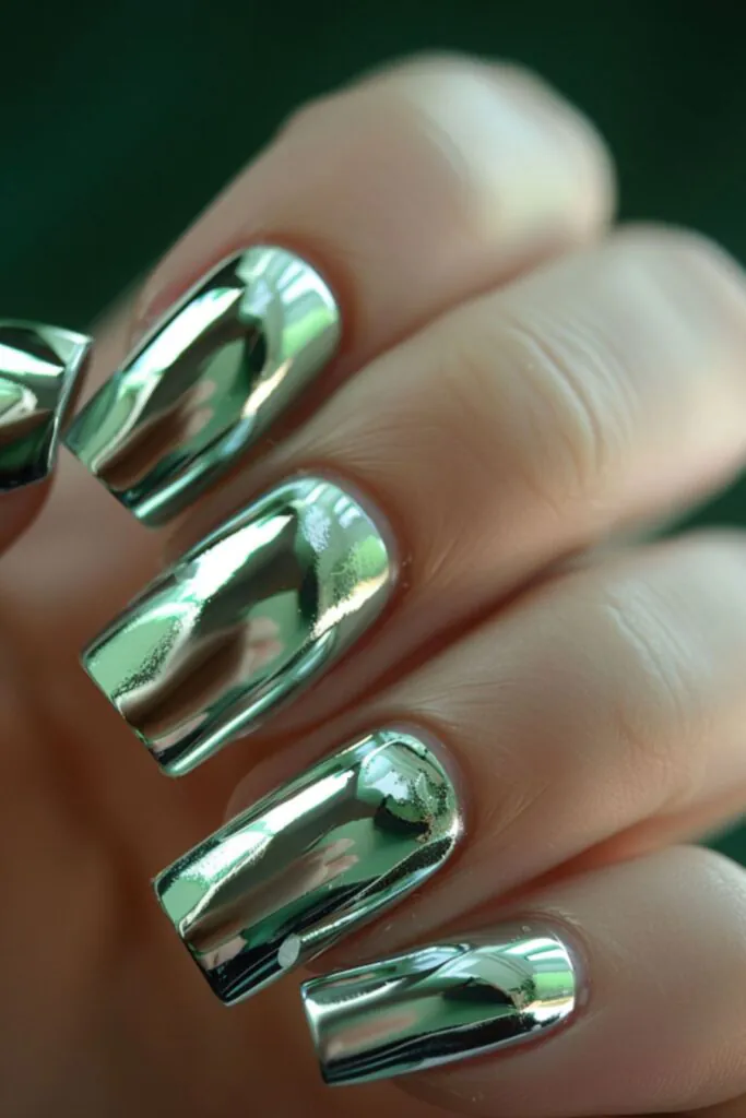Mint Green And Silver Chrome-Nail Designs For A Green Dress