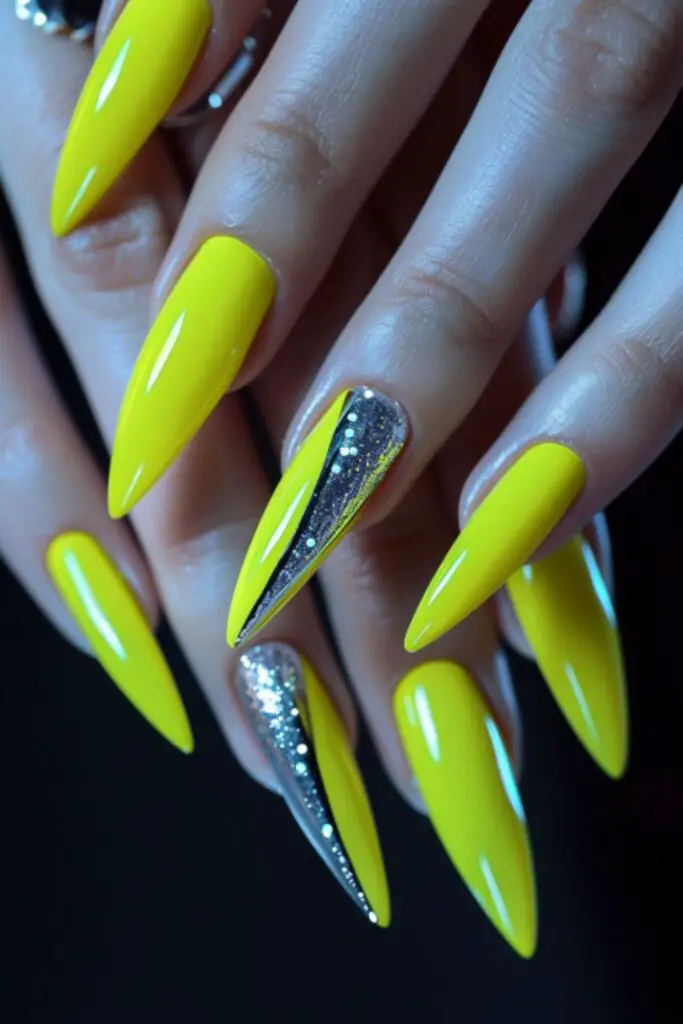 Neon Yellow With Silver Accents-Nail Designs For A Yellow Dress