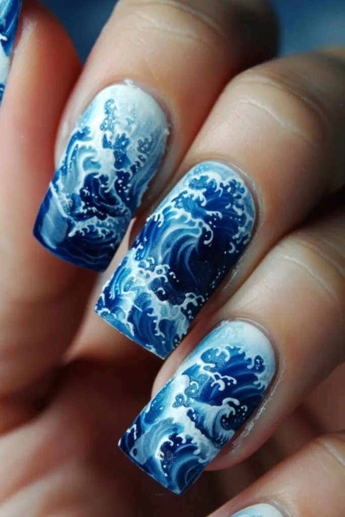 Ocean Wave Accents-Nail Designs For A Royal Blue Dress