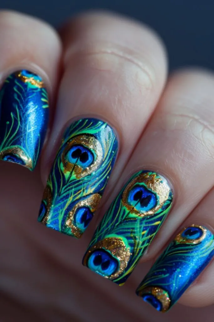 Peacock Feather Details-Nail Designs For A Royal Blue Dress