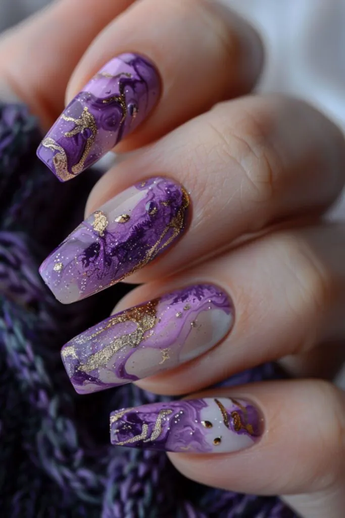 Purple Marble Effect-Nail Designs For A Purple Dress