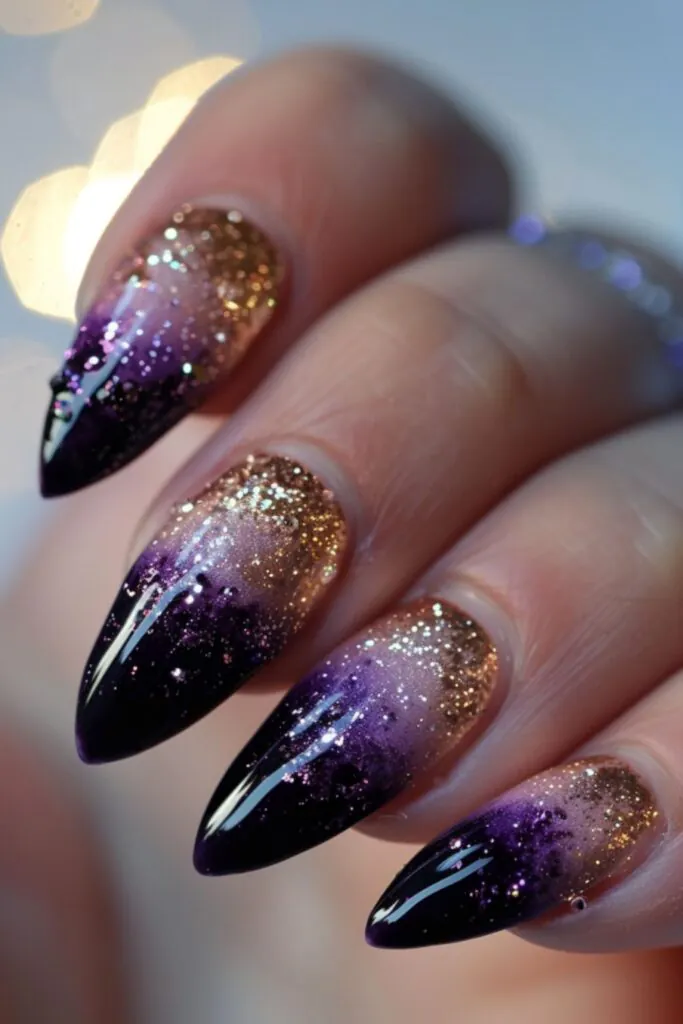Purple Ombre With Gold Flakes-Nail Designs For A Purple Dress