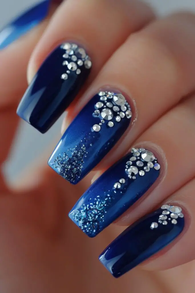 Royal Blue With Crystal Embellishments-Nail Designs For A Royal Blue Dress