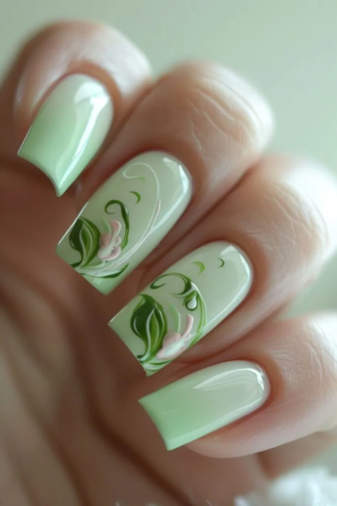 Sage Green And Rose Quartz Swirls-Nail Designs For A Green Dress