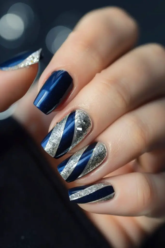 Sapphire And Silver Geometric-Nail Designs For A Royal Blue Dress