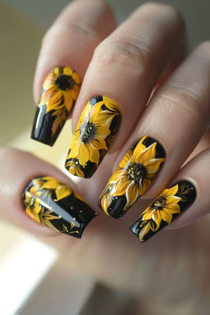 Sunflower Accents-Nail Designs For A Yellow Dress
