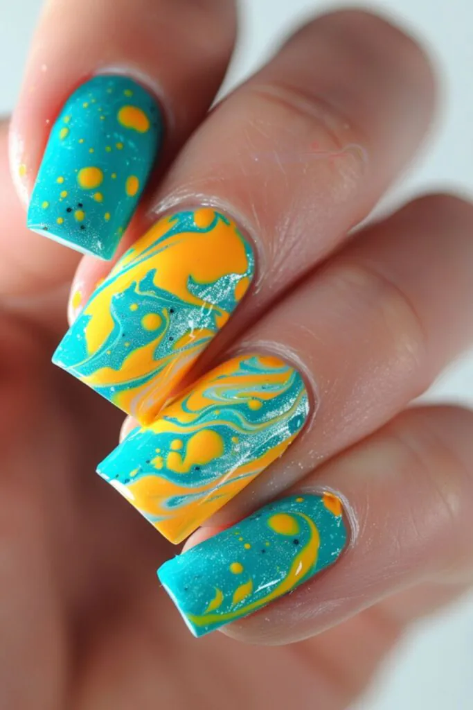 Turquoise And Yellow Water Marble-Nail Designs For A Yellow Dress