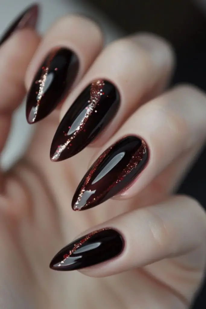 Wine And Rose Gold Stripes-Nail Designs For A Maroon Dress