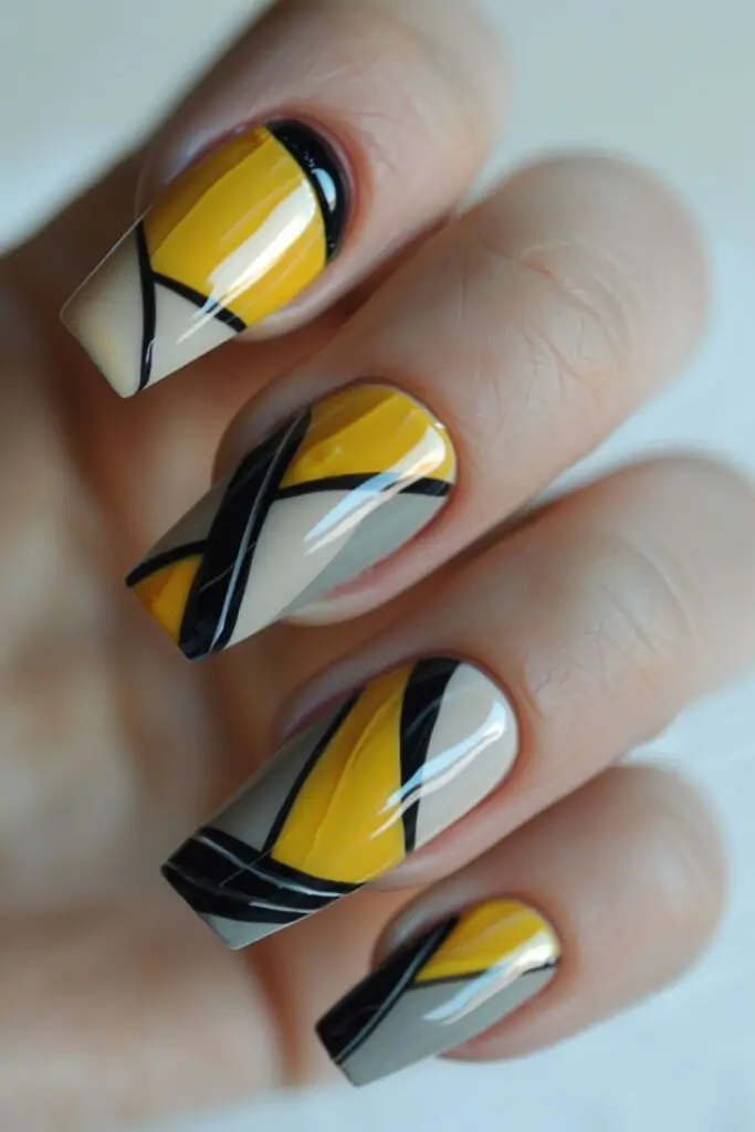 Yellow And Gray Geometric-Nail Designs For A Yellow Dress