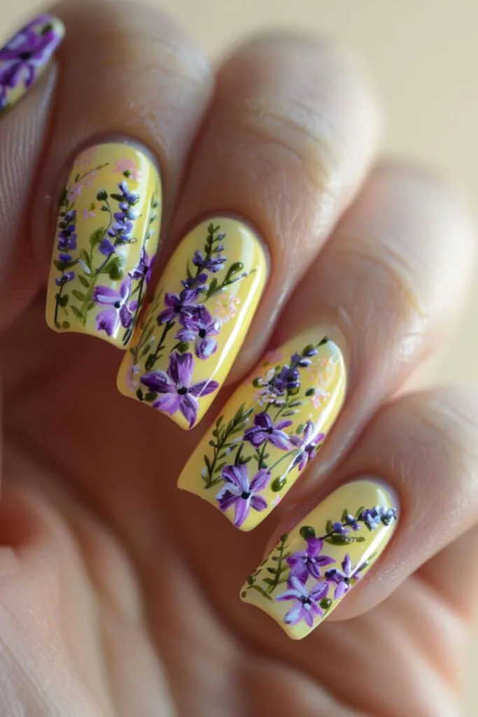 Yellow And Lavender Floral-Nail Designs For A Yellow Dress