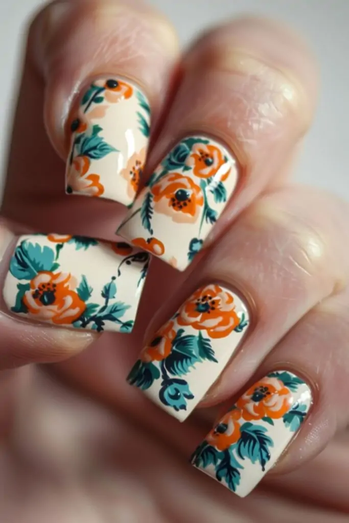 Orange Floral Art Nail Design