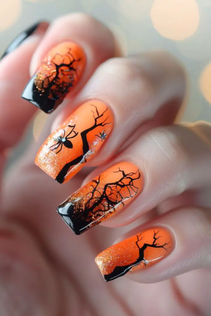 Orange and Black Halloween Theme Nail Design